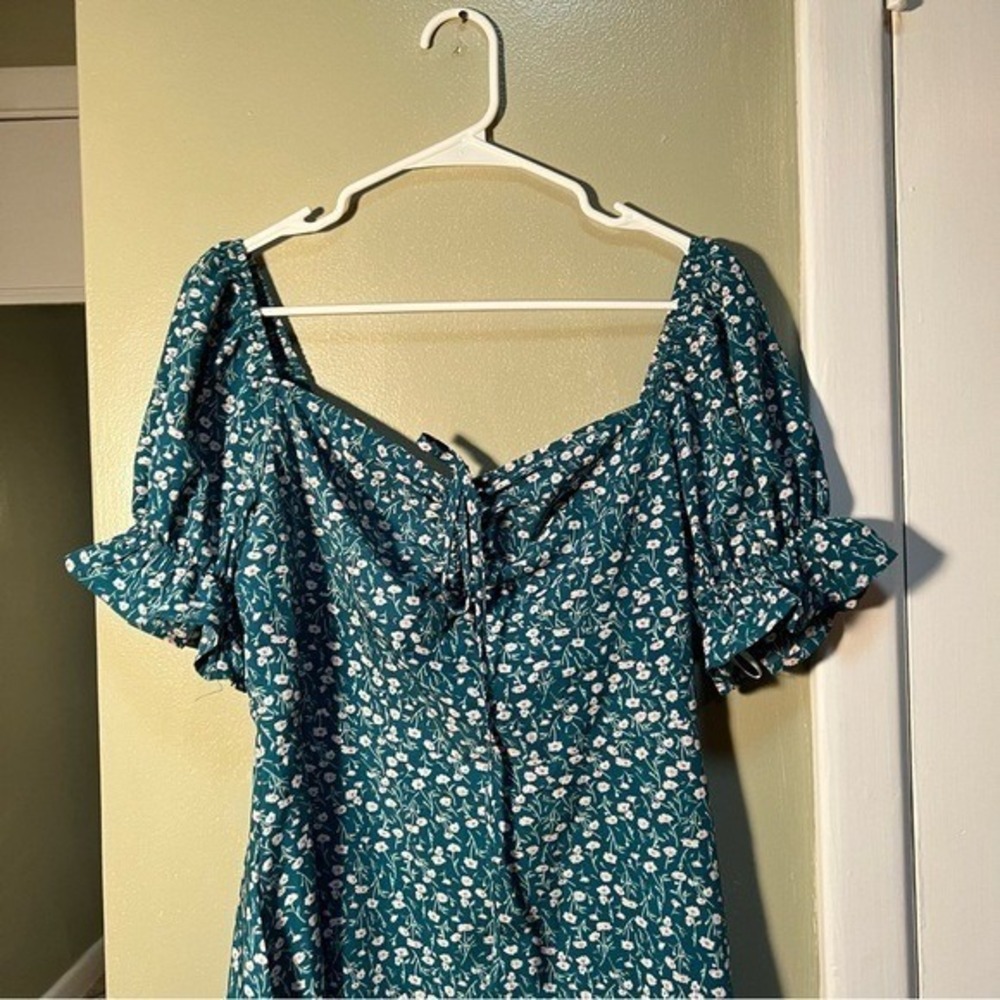 Womens Off Shoulder Mini Dress Green White Ditsy Floral Sweetheart Tie Neck Puff - Picture 5 of 13
